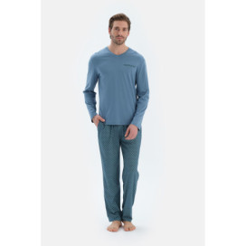Col En V Manches Longues Basique T-Shirt Pantalon Pyjama Ensemble Homme Bleu