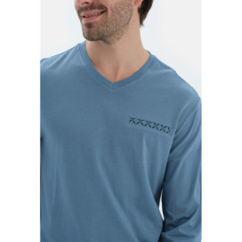 Col En V Manches Longues Basique T-Shirt Pantalon Pyjama Ensemble Homme Bleu