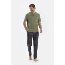 Ensemble De Pajama T-Shirt Et Pantalon À Manches Courtes Demi-Plot Homme Vert Huile