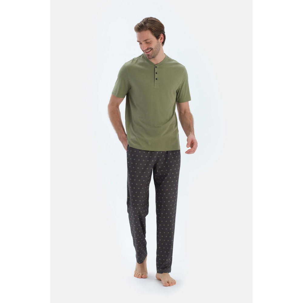 Ensemble De Pajama T-Shirt Et Pantalon À Manches Courtes Demi-Plot Homme Vert Huile