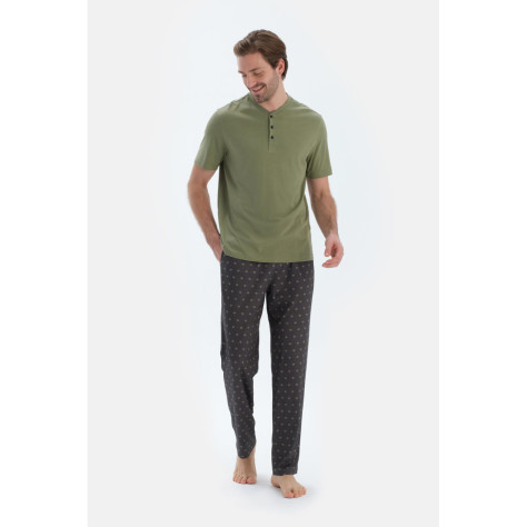Ensemble De Pajama T-Shirt Et Pantalon À Manches Courtes Demi-Plot Homme Vert Huile