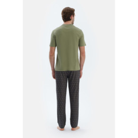 Ensemble De Pajama T-Shirt Et Pantalon À Manches Courtes Demi-Plot Homme Vert Huile