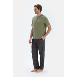 Ensemble De Pajama T-Shirt Et Pantalon À Manches Courtes Demi-Plot Homme Vert Huile
