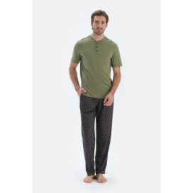Ensemble De Pajama T-Shirt Et Pantalon À Manches Courtes Demi-Plot Homme Vert Huile