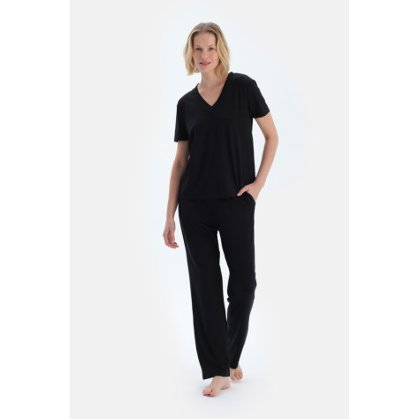 Ensemble De Pyjama T-Shirt Pantalon En Viscose Col V Manches Courtes Femme Noir