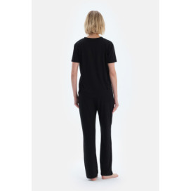 Ensemble De Pyjama T-Shirt Pantalon En Viscose Col V Manches Courtes Femme Noir