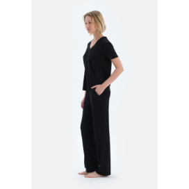 Ensemble De Pyjama T-Shirt Pantalon En Viscose Col V Manches Courtes Femme Noir