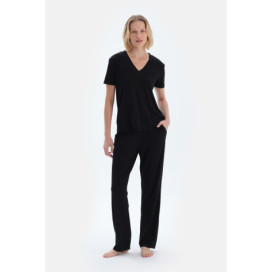 Ensemble De Pyjama T-Shirt Pantalon En Viscose Col V Manches Courtes Femme Noir