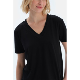 Ensemble De Pyjama T-Shirt Pantalon En Viscose Col V Manches Courtes Femme Noir