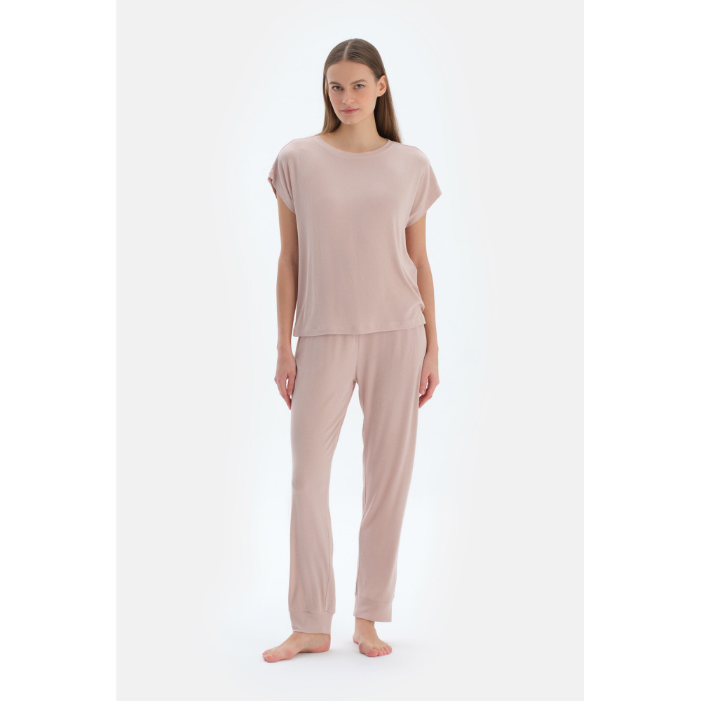 Ensemble De Pyjama En Camiscose Et En Viscose Avec Jogging À Col Rond Femme Rose Clair