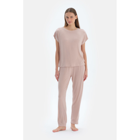 Ensemble De Pyjama En Camiscose Et En Viscose Avec Jogging À Col Rond Femme Rose Clair