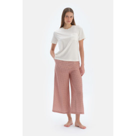 Ensemble Pyjama T-Shirt À Col Rond Avec Pantalon Tissé Femme Ecru