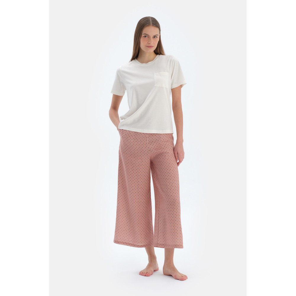 Ensemble Pyjama T-Shirt À Col Rond Avec Pantalon Tissé Femme Ecru