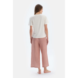Ensemble Pyjama T-Shirt À Col Rond Avec Pantalon Tissé Femme Ecru