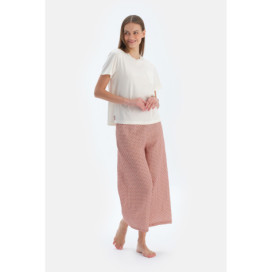 Ensemble Pyjama T-Shirt À Col Rond Avec Pantalon Tissé Femme Ecru