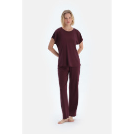 Ensemble De Pyjama T-Shirt Et Pantalon En Viscose À Manches Courtes Détaillées En Dentelle Femme Damson