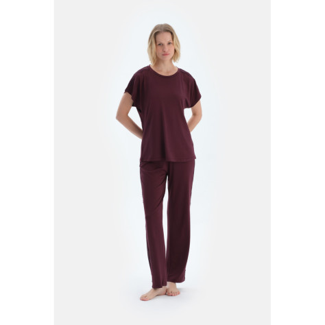 Ensemble De Pyjama T-Shirt Et Pantalon En Viscose À Manches Courtes Détaillées En Dentelle Femme Damson