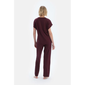 Ensemble De Pyjama T-Shirt Et Pantalon En Viscose À Manches Courtes Détaillées En Dentelle Femme Damson