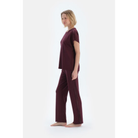 Ensemble De Pyjama T-Shirt Et Pantalon En Viscose À Manches Courtes Détaillées En Dentelle Femme Damson