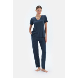 Ensemble Pyjama T-Shirts Et Pantalons En Viscose Col V Femme Indigo