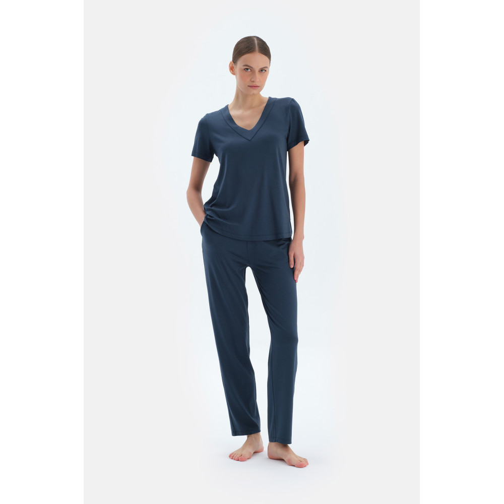 Ensemble Pyjama T-Shirts Et Pantalons En Viscose Col V Femme Indigo