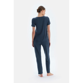 Ensemble Pyjama T-Shirts Et Pantalons En Viscose Col V Femme Indigo