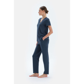 Ensemble Pyjama T-Shirts Et Pantalons En Viscose Col V Femme Indigo
