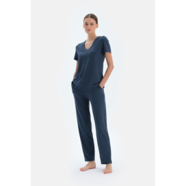 Ensemble Pyjama T-Shirts Et Pantalons En Viscose Col V Femme Indigo