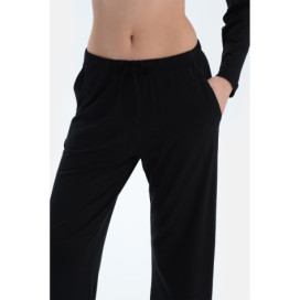 Ensemble De Pyjama T-Shirt À Manches Longues Et Col En V Détaillé En Dentelle Femme Noir