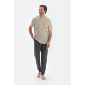 Ensemble De Pyjama T-Shirt Et Pantalon À Manches Courtes Détails De Coutures Homme Ecru