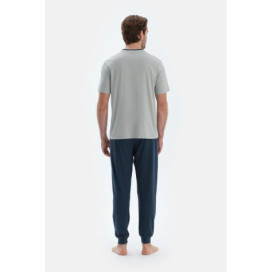 Col Rond T-Shirt À Manches Courtes Jogger Pantalon Couronne Ensemble Pyjama Basique Homme Gris