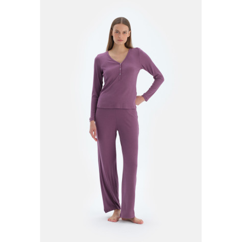 Ensemble De Pyjama T-Shirt Et Pantalon Camsoset En Viscose Col V Femme Violet