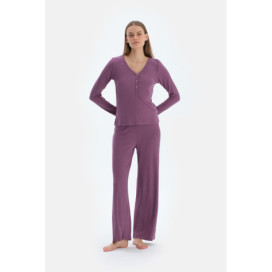 Ensemble De Pyjama T-Shirt Et Pantalon Camsoset En Viscose Col V Femme Violet