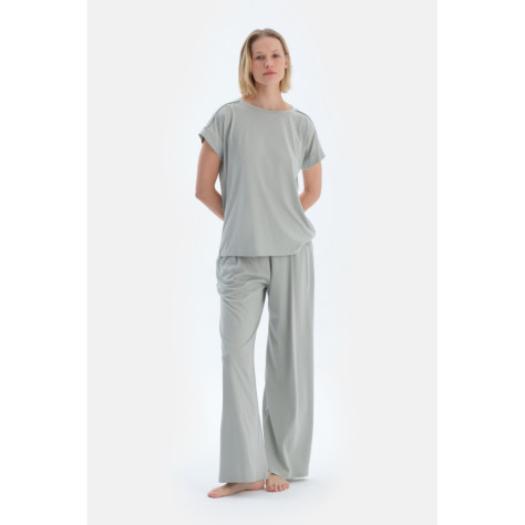 Ensemble Pyjama T-Shirt Basique À Manches Basses Femme Sauge