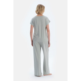 Ensemble Pyjama T-Shirt Basique À Manches Basses Femme Sauge
