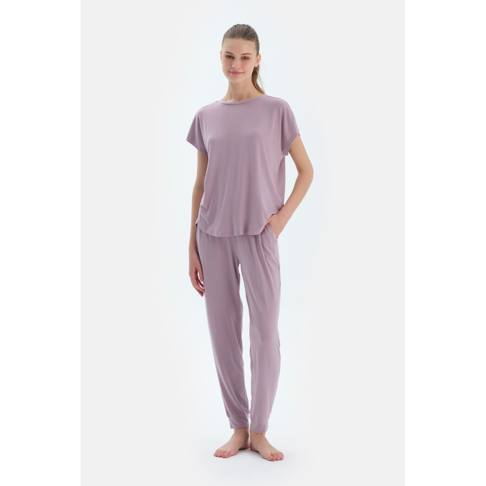 Ensemble De Pyjama T-Shirt Et Pantalon En Modal À Manches Basses Femme Lilas Clair
