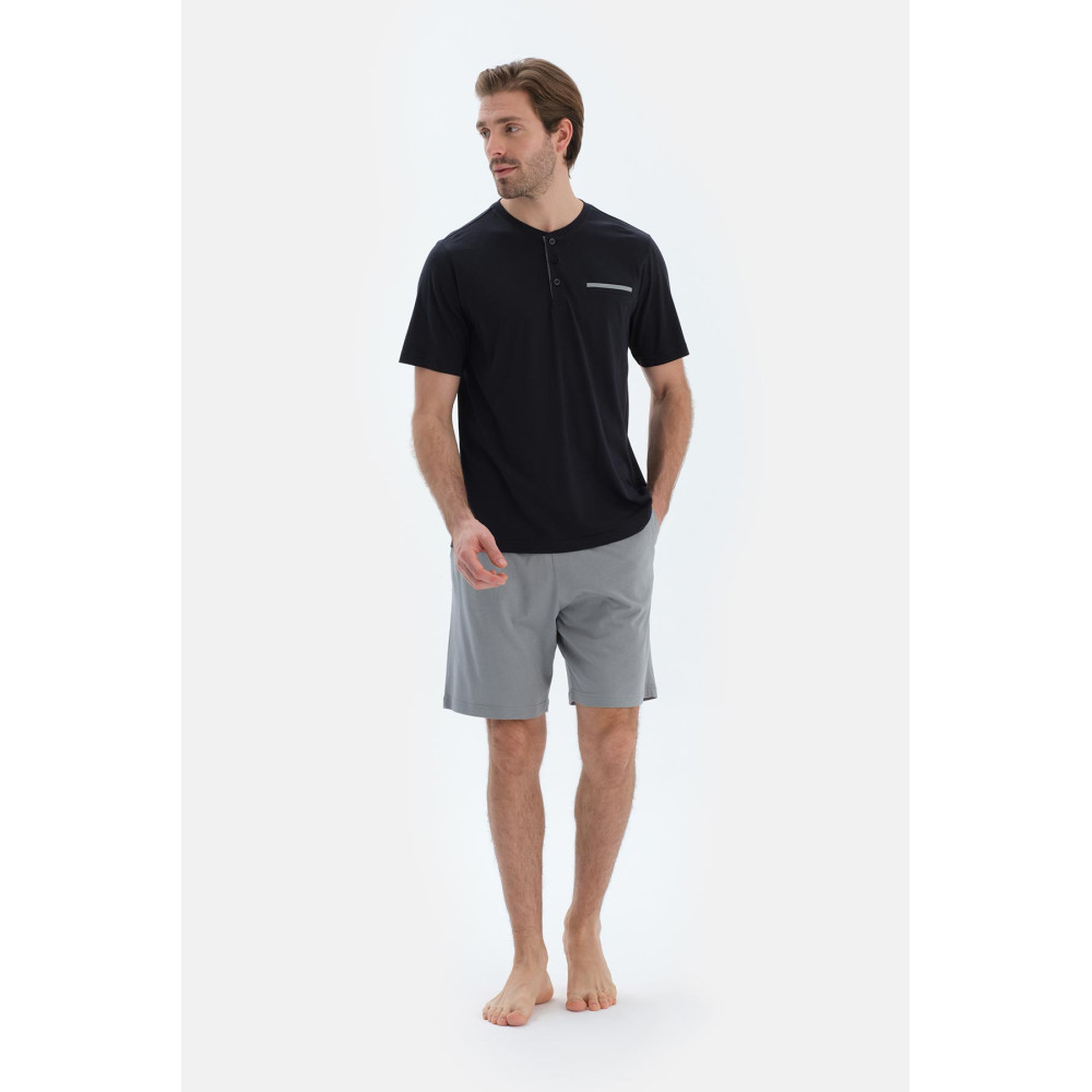 Demi-Boutons T-Shirt À Manches Courtes Short Pantalon Triple Pyjama Set Homme Noir