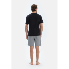 Demi-Boutons T-Shirt À Manches Courtes Short Pantalon Triple Pyjama Set Homme Noir