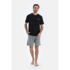 Demi-Boutons T-Shirt À Manches Courtes Short Pantalon Triple Pyjama Set Homme Noir