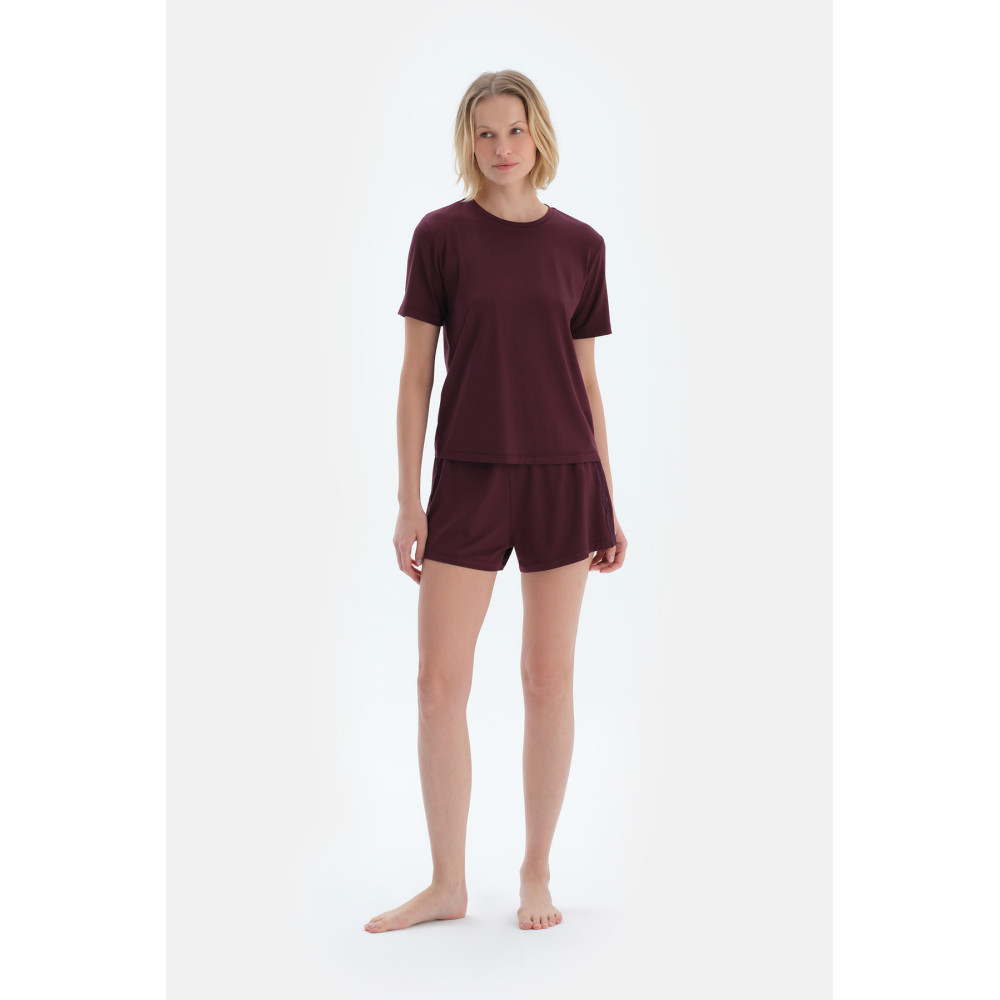 Ensemble De Pyjama T-Shirt Et Short En Viscose À Manches Courtes Détaillées En Dentelle Femme Damson