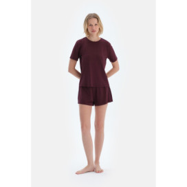 Ensemble De Pyjama T-Shirt Et Short En Viscose À Manches Courtes Détaillées En Dentelle Femme Damson