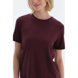 Ensemble De Pyjama T-Shirt Et Short En Viscose À Manches Courtes Détaillées En Dentelle Femme Damson