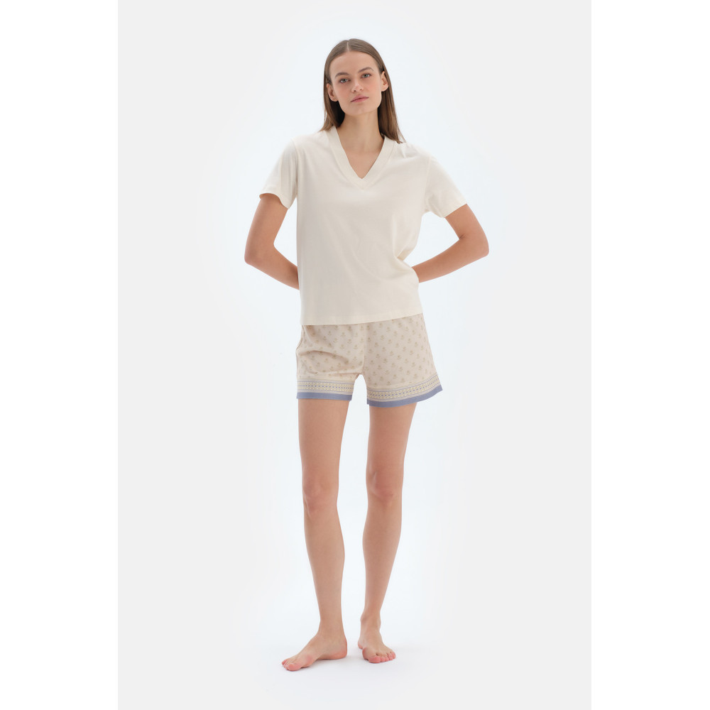 Ensemble De Pyjama T-Shirt Et Pantalon À Manches Courtes Col V Femme Ecru