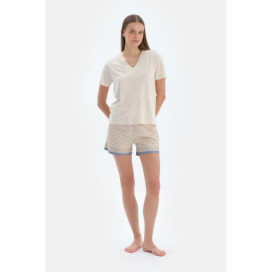 Ensemble De Pyjama T-Shirt Et Pantalon À Manches Courtes Col V Femme Ecru